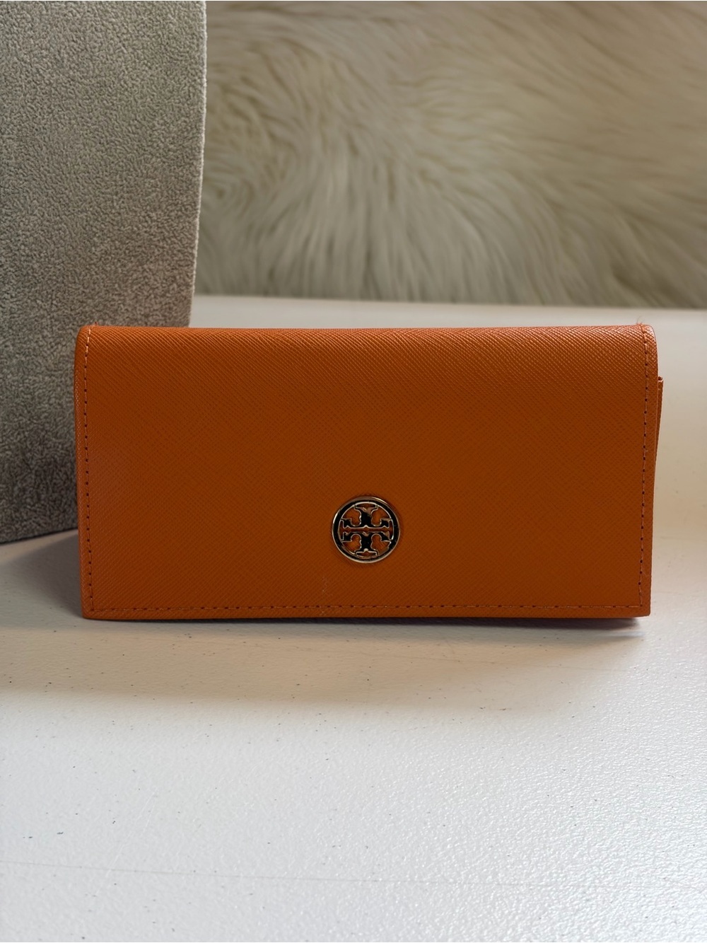 Tory Burch Eyeglasses Sunglasses Case Faux Leather Textured Orange Soft Medium